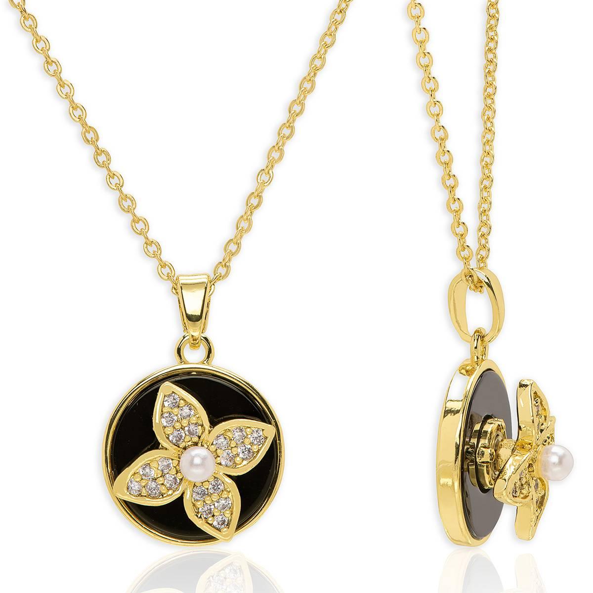 14kt. Gold Plated & CZ Clover Round Spinner Pendant Necklace