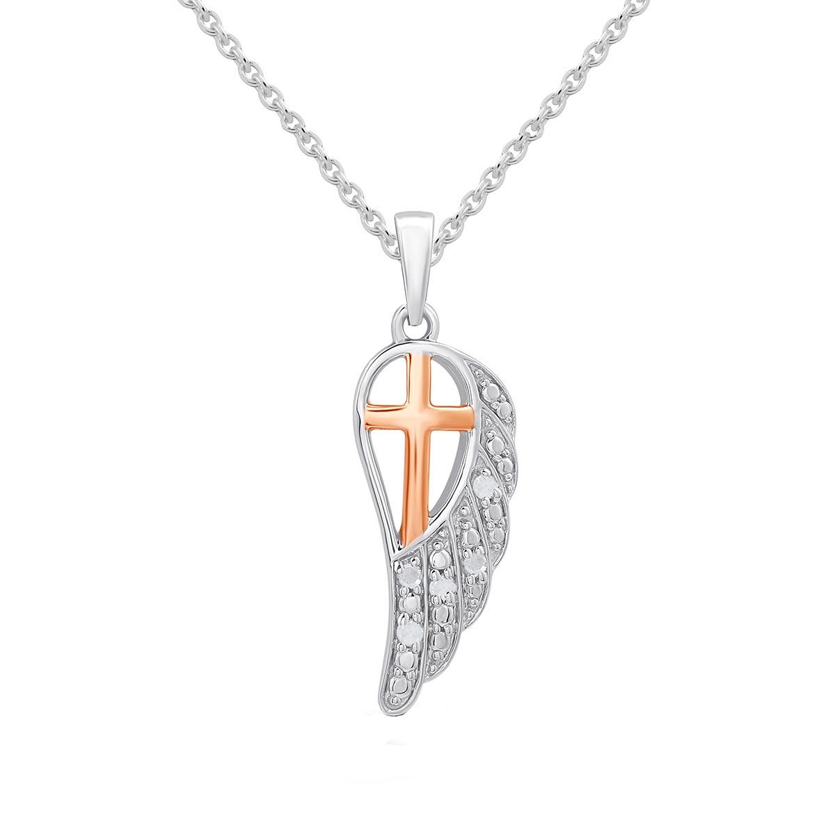 1/20cttw.Natural Diamond Sterling Silver Angel Wing Cross Pendant
