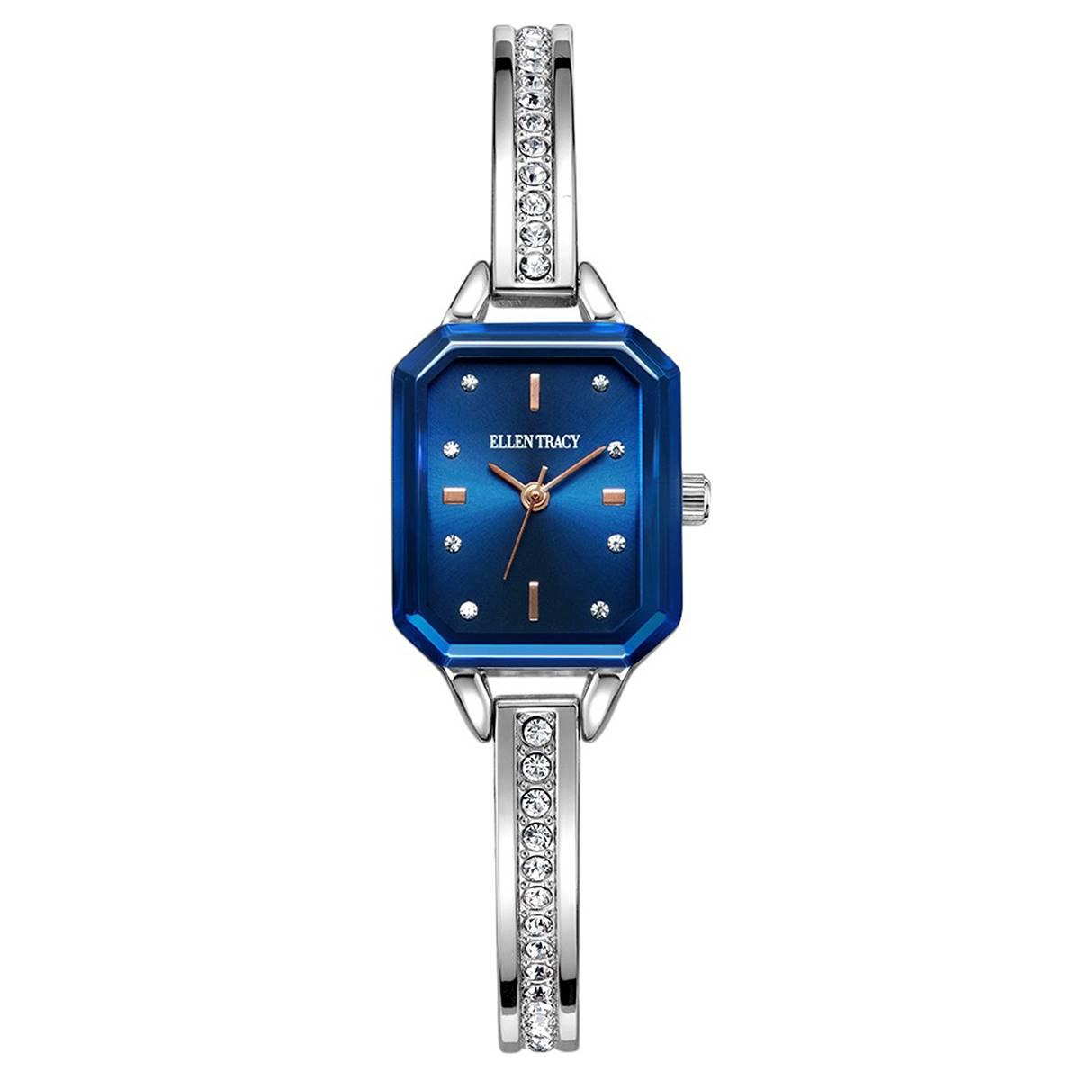 Ellen Tracy 20mm Silver Tone Faceted Bezel Bangle Watch