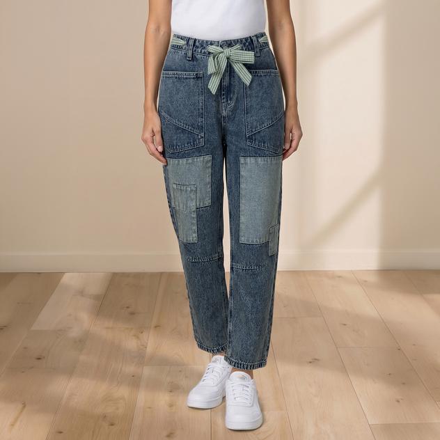 Womens MNK Patchwork Barrel Jeans with Seersucker Belt