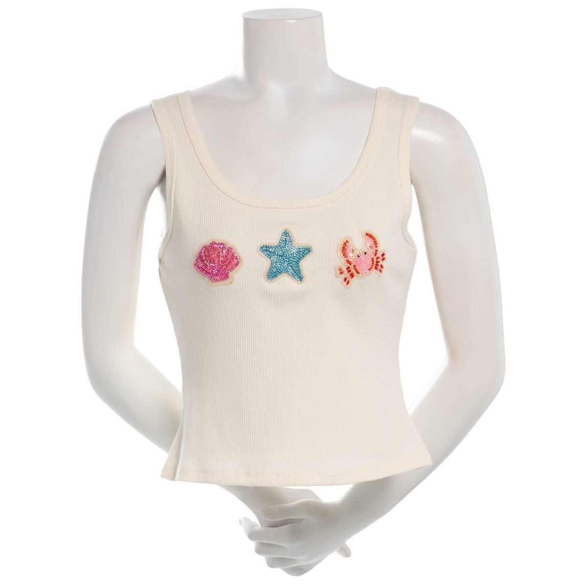 Juniors No Comment Center Beaded Applique Rib Tank