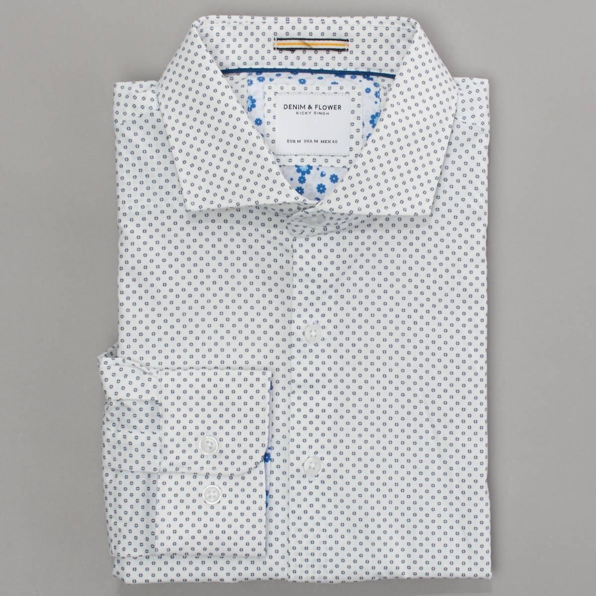 Mens Denim & Flower Long Sleeve Dress Shirt - White/Black