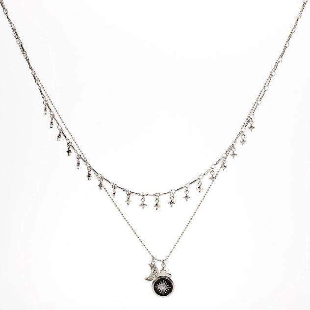 Ashley Rhodium & Black Layered Celestial Pendant Necklace