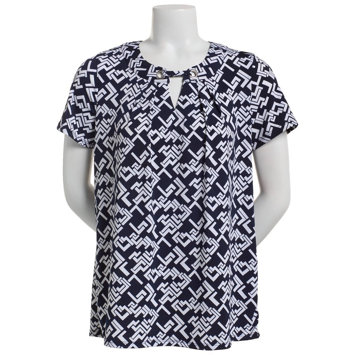 Womens Notations Short Sleeve Grommet Bar Neck Shell Blouse