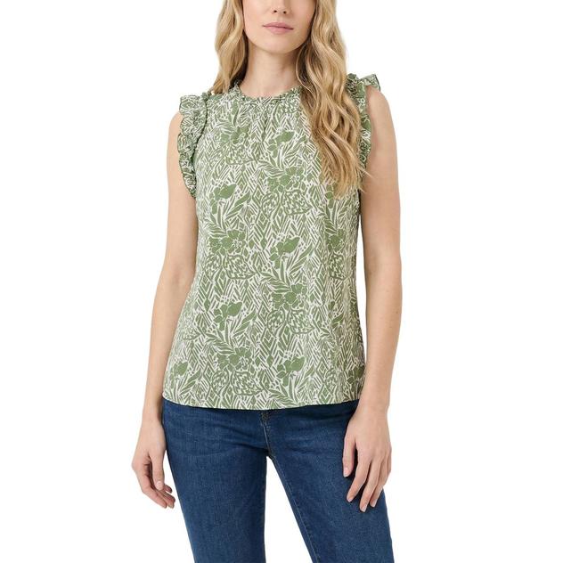 Petite NY Collection Ruffle Cap Sleeve Abstract Olive Blouse