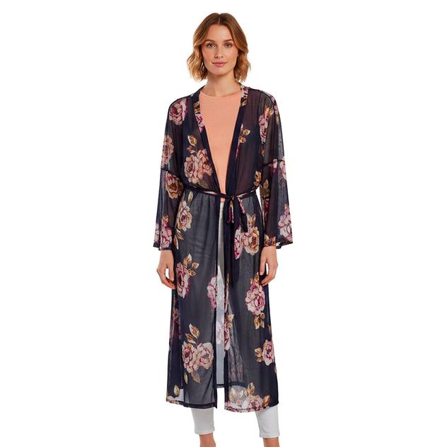 Womens NY Collection Long Sleeve Floral Mesh Belted Cardigan