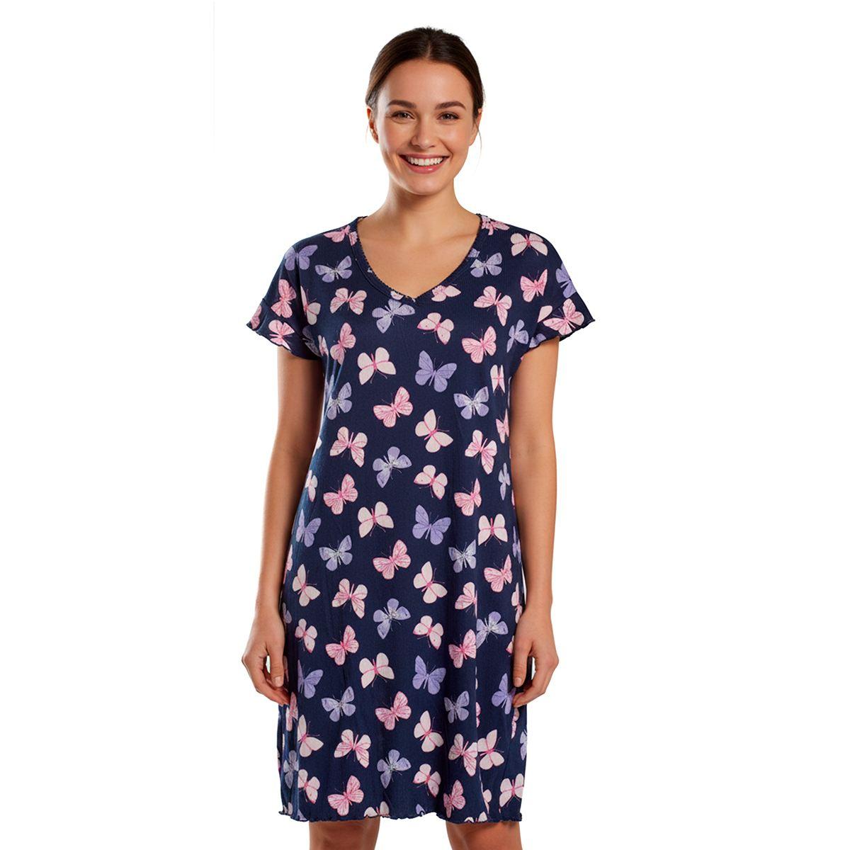 Womens Charmour Ruffled Short Sleeve Butterfly V-Neck Nightshirt