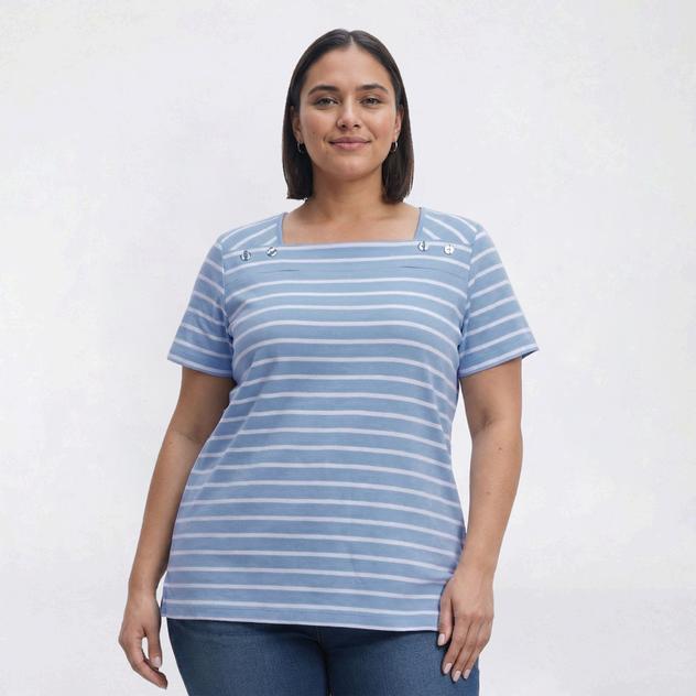 Plus Size Hasting & Smith Short Sleeve Stripe Button Shoulder Tee
