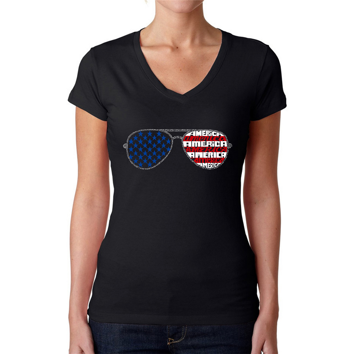 Womens LA Pop Art Americana Sunglasses Word Art V-Neck T-Shirt