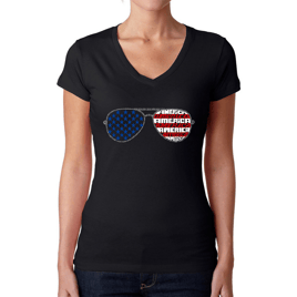 Womens LA Pop Art Americana Sunglasses Word Art V-Neck T-Shirt