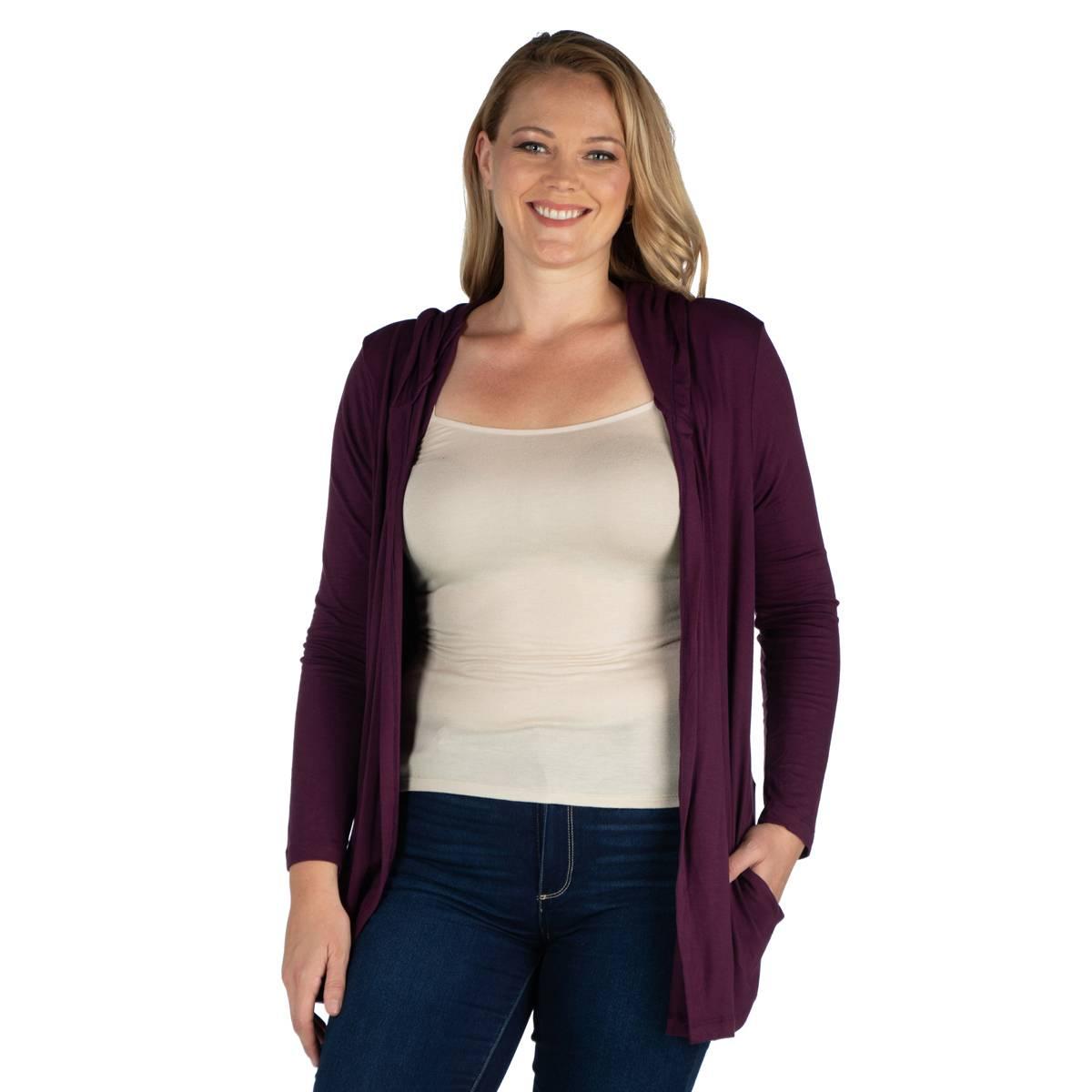 Plus Size 24/7 Comfort Apparel Lightweight Hooded Open Cardigan