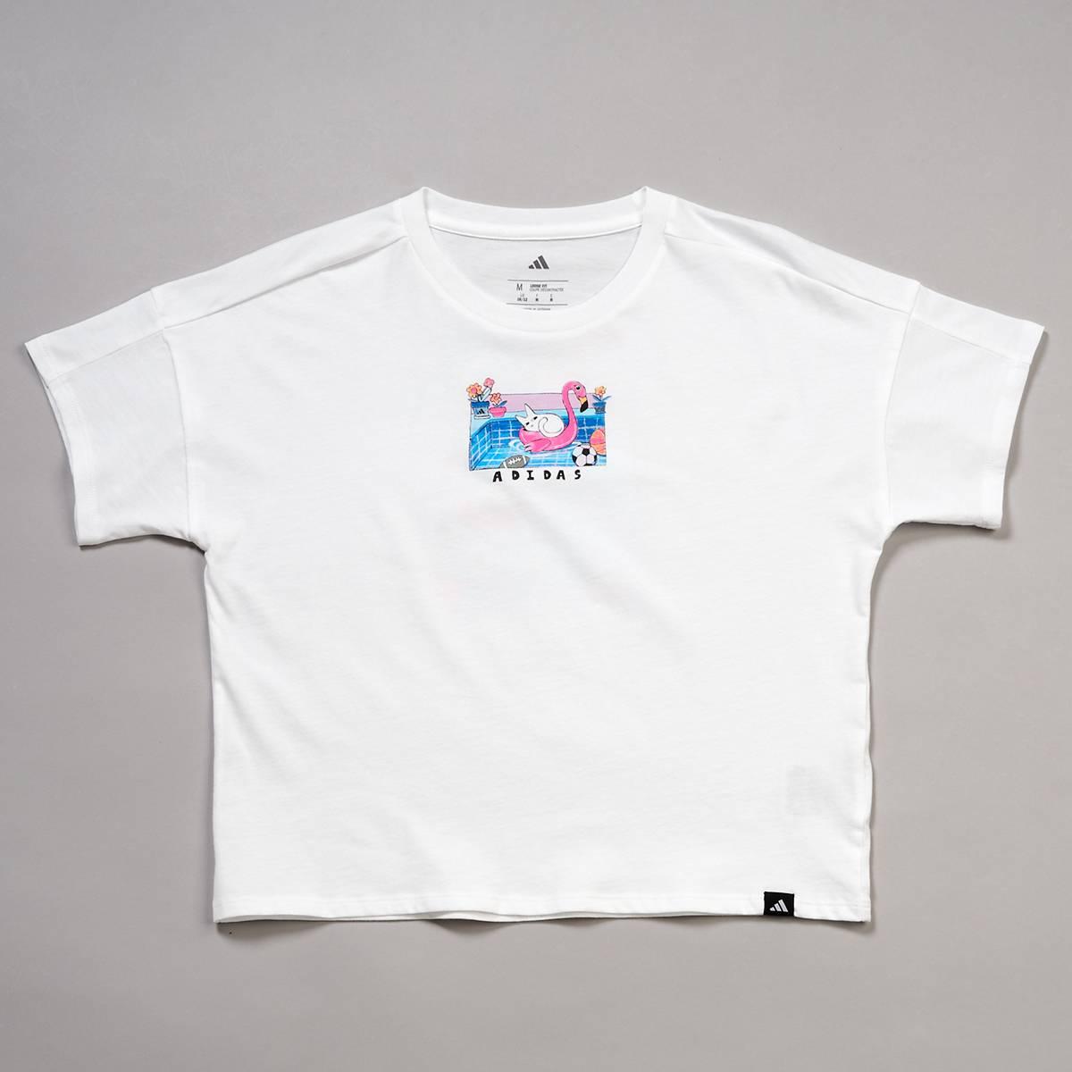 Girls (7-16) adidas(R) Short Sleeve Drop Shoulder Pool Cat Tee