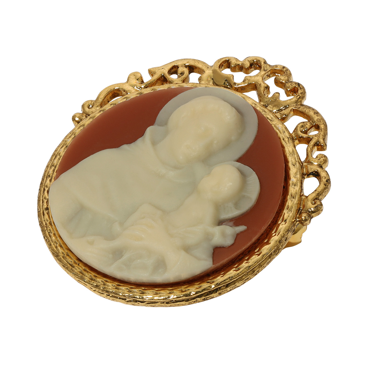 Symbols of Faith Gold Tone Round St Anthony Cameo Brooch
