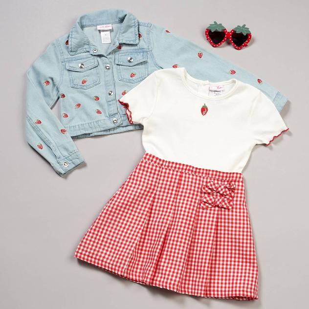 Girls (4-6x) Little Lass® Strawberry Denim Jacket & Gingham Dress