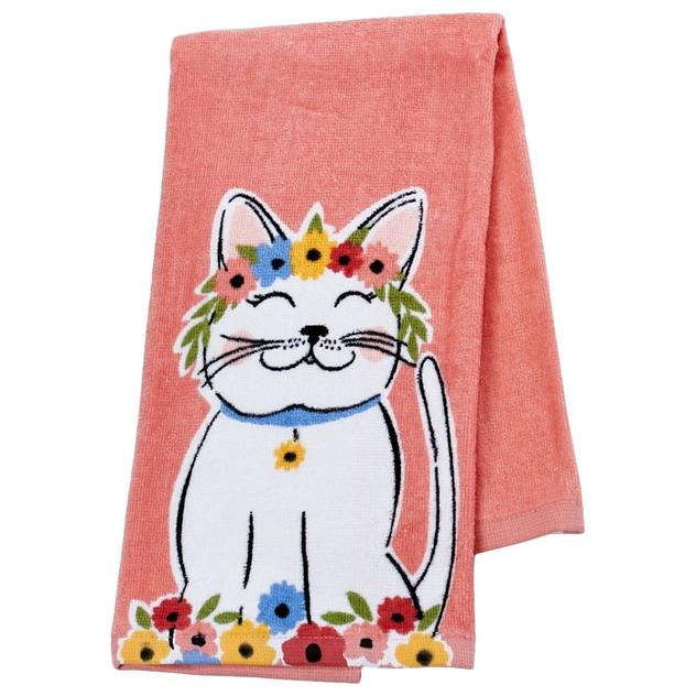 Floral Crown Kitty Coral Kitchen Towel