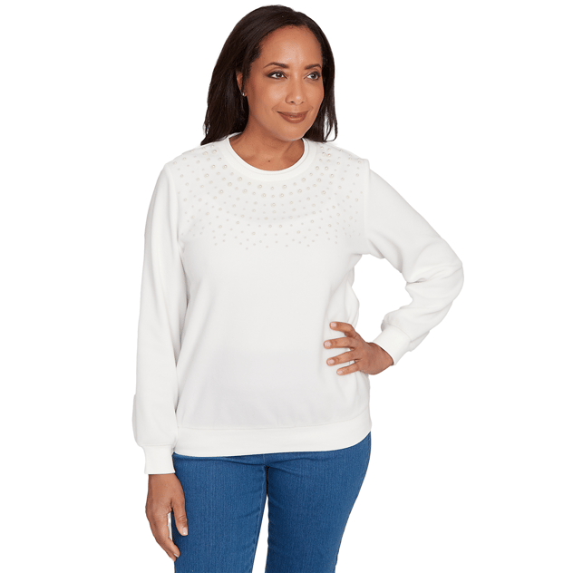 Petite Alfred Dunner Classics Pearl Embellishment Neck Sweater