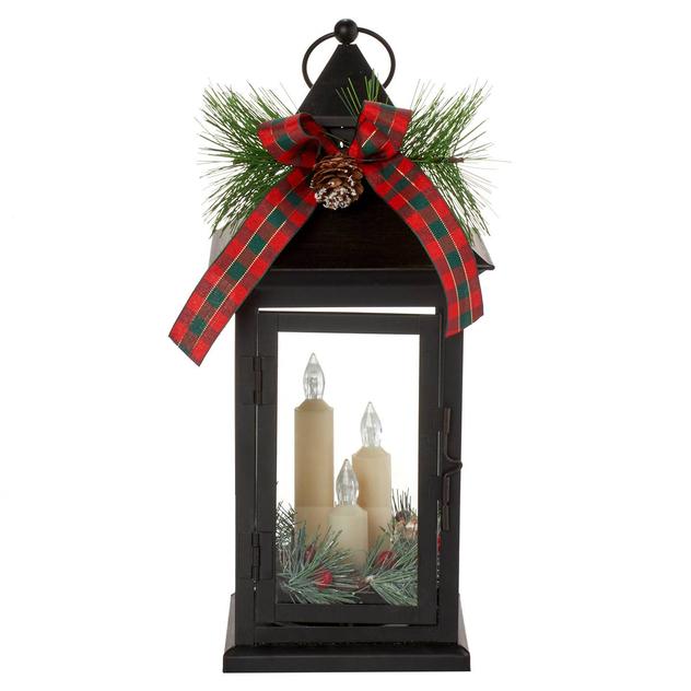 14in. Metal Lantern with Pine and Plaid Bow Décor