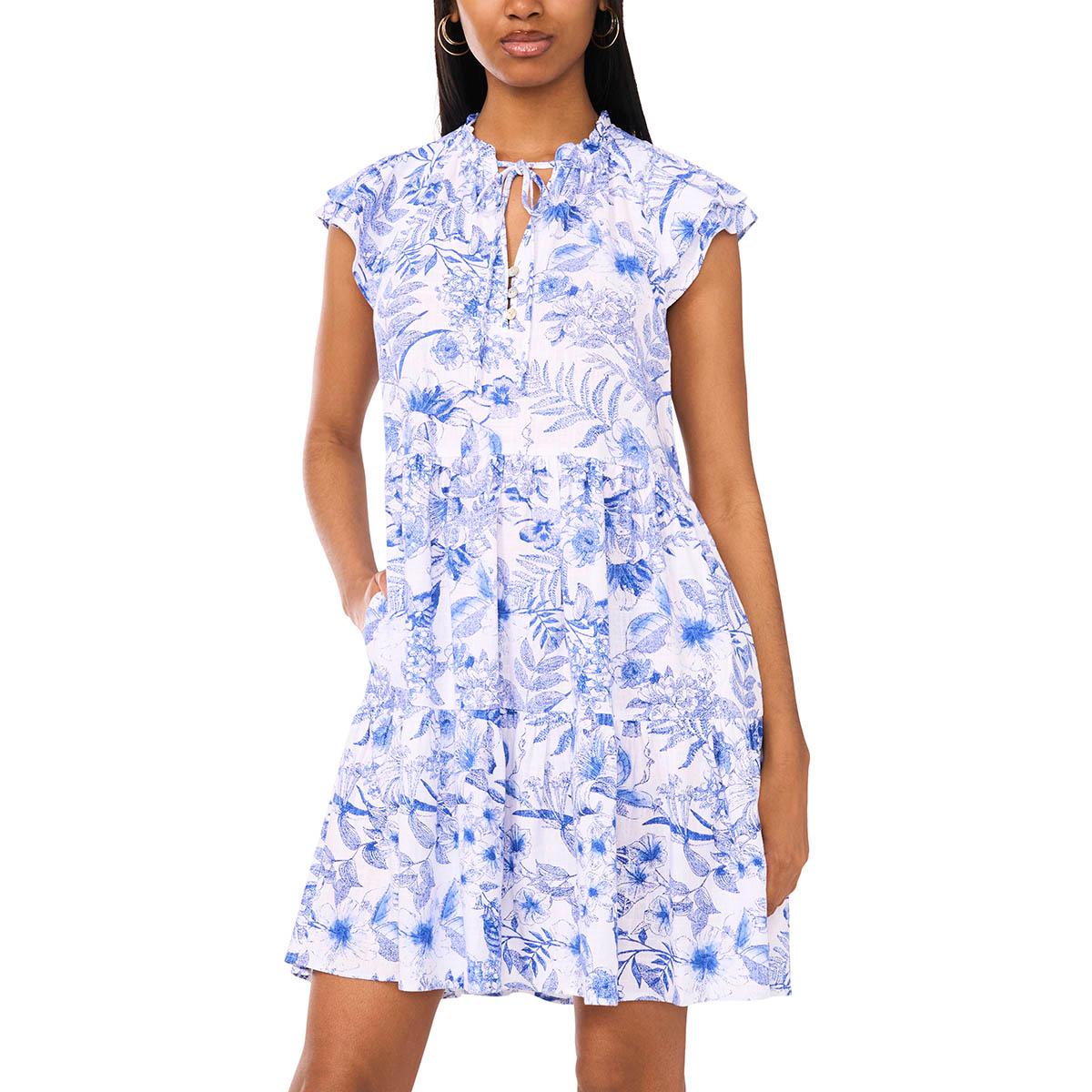 Womens Cece Cap Sleeve Floral Leaf Tie Neck Babydoll A-Line Dress