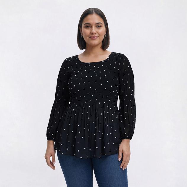 Plus Size Floral & Ivy 3/4 Sleeve Round Neck Dot Pleater Blouse