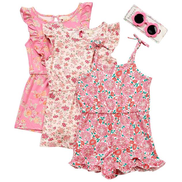 Girls (7-12) BTween® 3pk. Floral Ruffle Rompers w/ Sunglasses