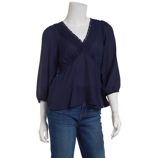 Juniors A. Byer Long Sleeve Plunge Lace Trim Blouse