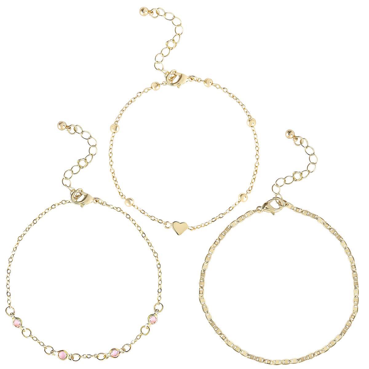 Jessica Simpson Figaro Chain Heart & Pink Rhinestone Anklet Set