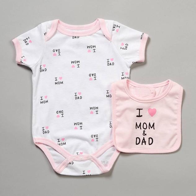 Baby Girl (NB-9M) Mini Hop Love Mom & Dad Bodysuit with Bib