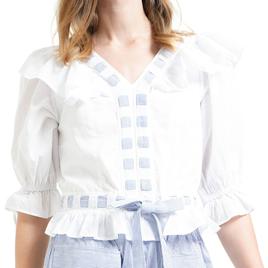 Womens MNK Stripe Elbow Sleeve V-Neck Ruffle Blouse