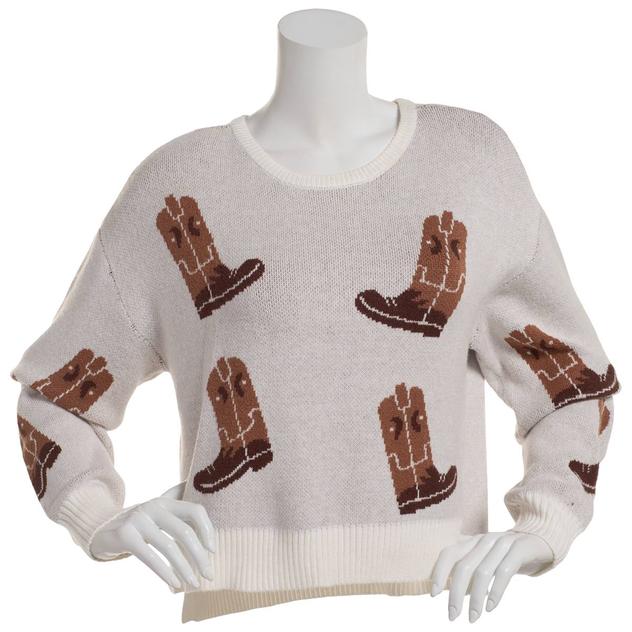 Juniors No Comment Crew Side Slit Cowboy Boot Graphic Sweater