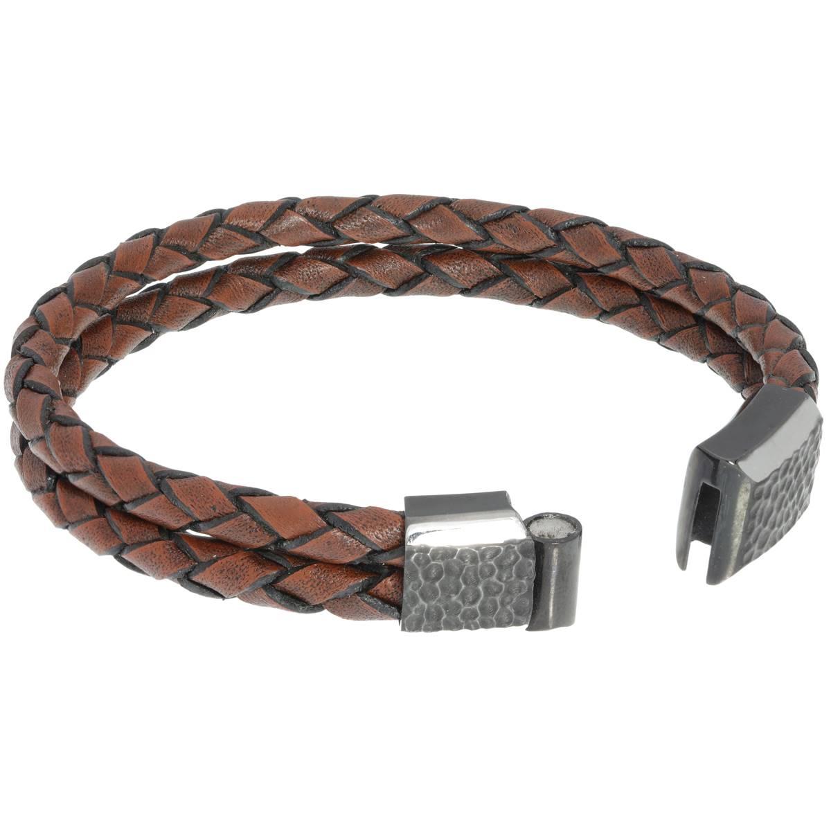 Mens Lynx Stainless Steel & Braided Brown Leather Bracelet