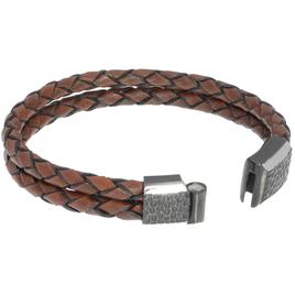 Mens Lynx Stainless Steel & Braided Brown Leather Bracelet