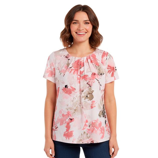 Petite Calvin Klein Short Sleeve Pleat Neck Floral Blouse