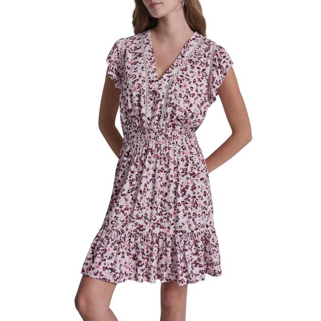 Womens DKNY Jeans Cap Sleeve Smocked Waist V Neck A-Line Dress