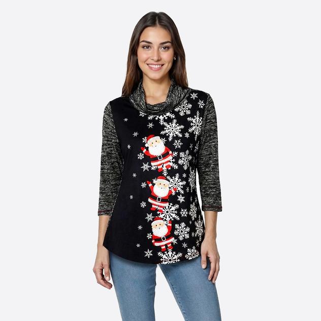 Womens Onque 3/4 Sleeve Cowl Neck Asymmetrical Hem Santa Tee