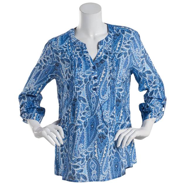 Womens Notations 3/4 Sleeve Print Pleat Tuwa Henley-Navy Amore