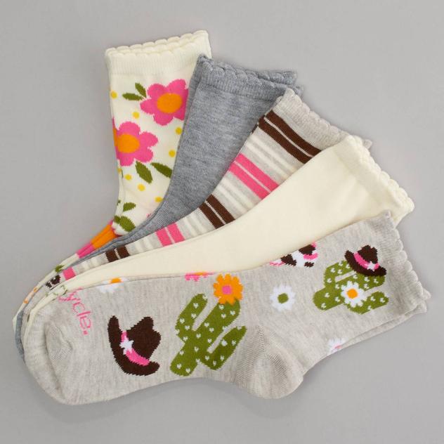 Girls wecycle.® 5pk. Mid Crew Floral Cowgirl Scalloped Cuff Socks