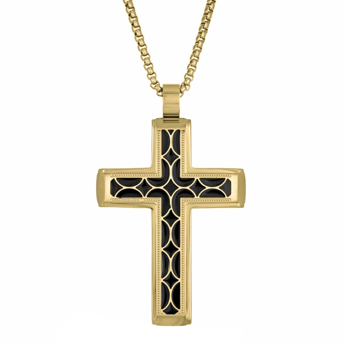 Mens Lynx Gold-Tone Ion-Plating & Black Resin Chain Cross Pendant
