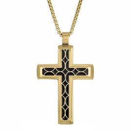 Mens Lynx Gold-Tone Ion-Plating & Black Resin Chain Cross Pendant
