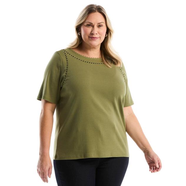 Plus Size Rafaella® Short Sleeve Solid Pom Trim Blouse