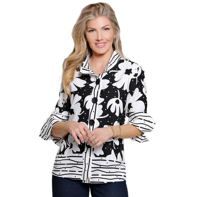 Womens Ali Miles 3/4 Bell Sleeve Floral Stripe Button Down Blouse