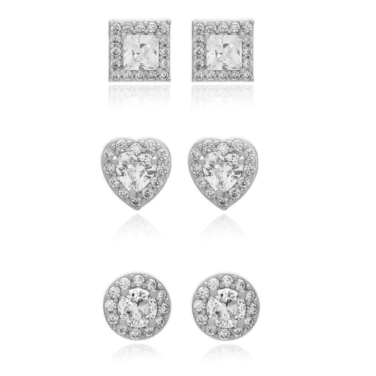 3pr. Silver Plated & CZ Heart/Round/Square Stud Earrings