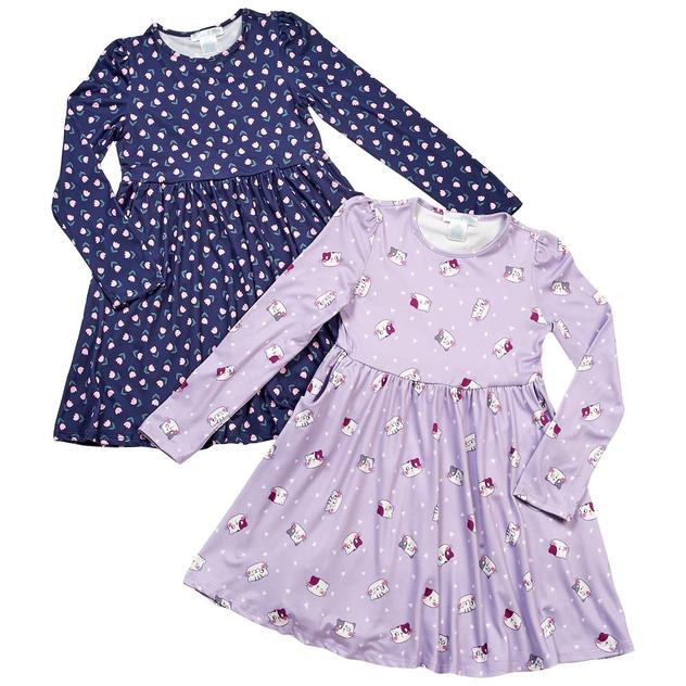 Girls (7-12) Emma & Elsa 2pk. Long Sleeve Cat & Floral Dress