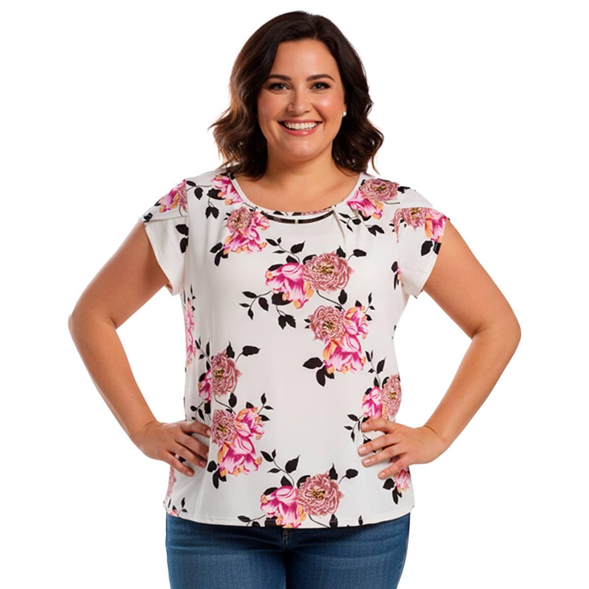 Plus Size Notations Tulip Sleeve Bar Neck Floral Blouse