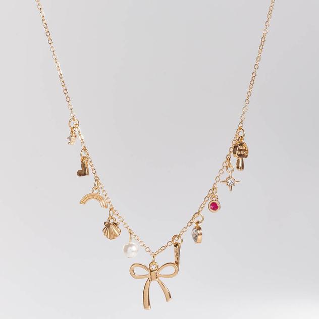 Ashley Gold-Tone Necklace with Bow/Heart/Mushroom Charms