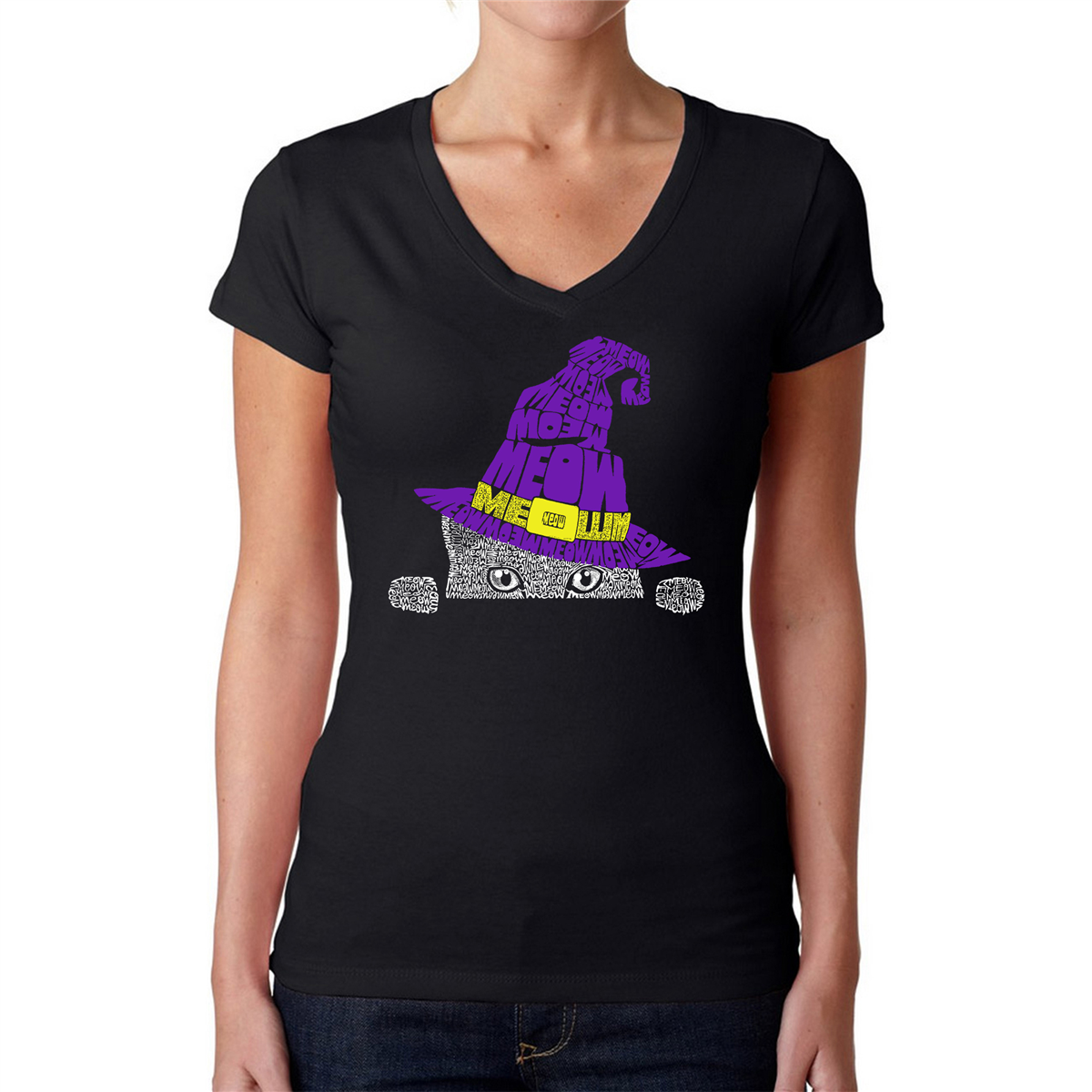 Womens LA Pop Art Peeking Witch Cat - Word Art V-Neck T-Shirt