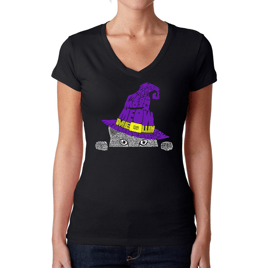 Womens LA Pop Art Peeking Witch Cat - Word Art V-Neck T-Shirt