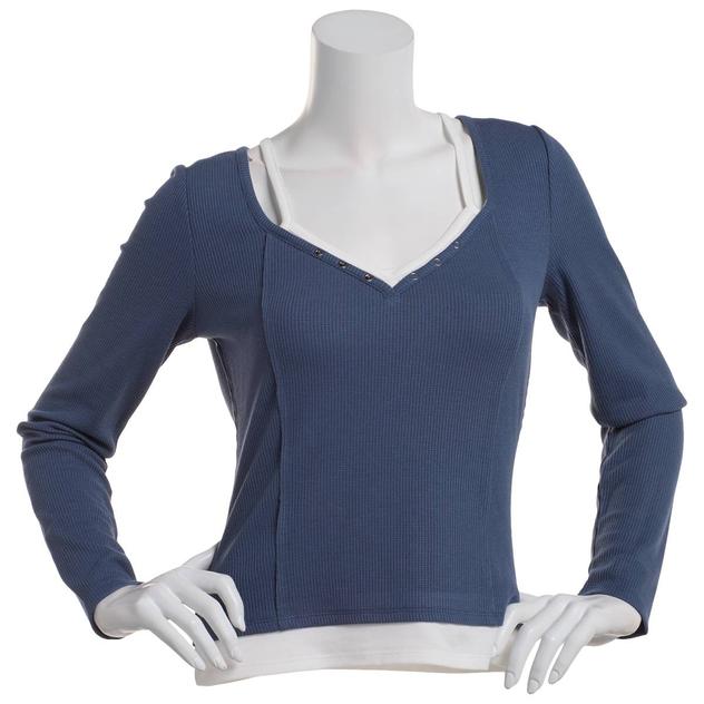 Juniors Pink Rose Fuax Layered Long Sleeve Thermal Tee