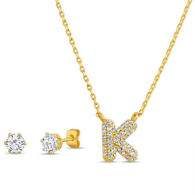 CZ 3D Initial K Necklace and Stud Earrings Set