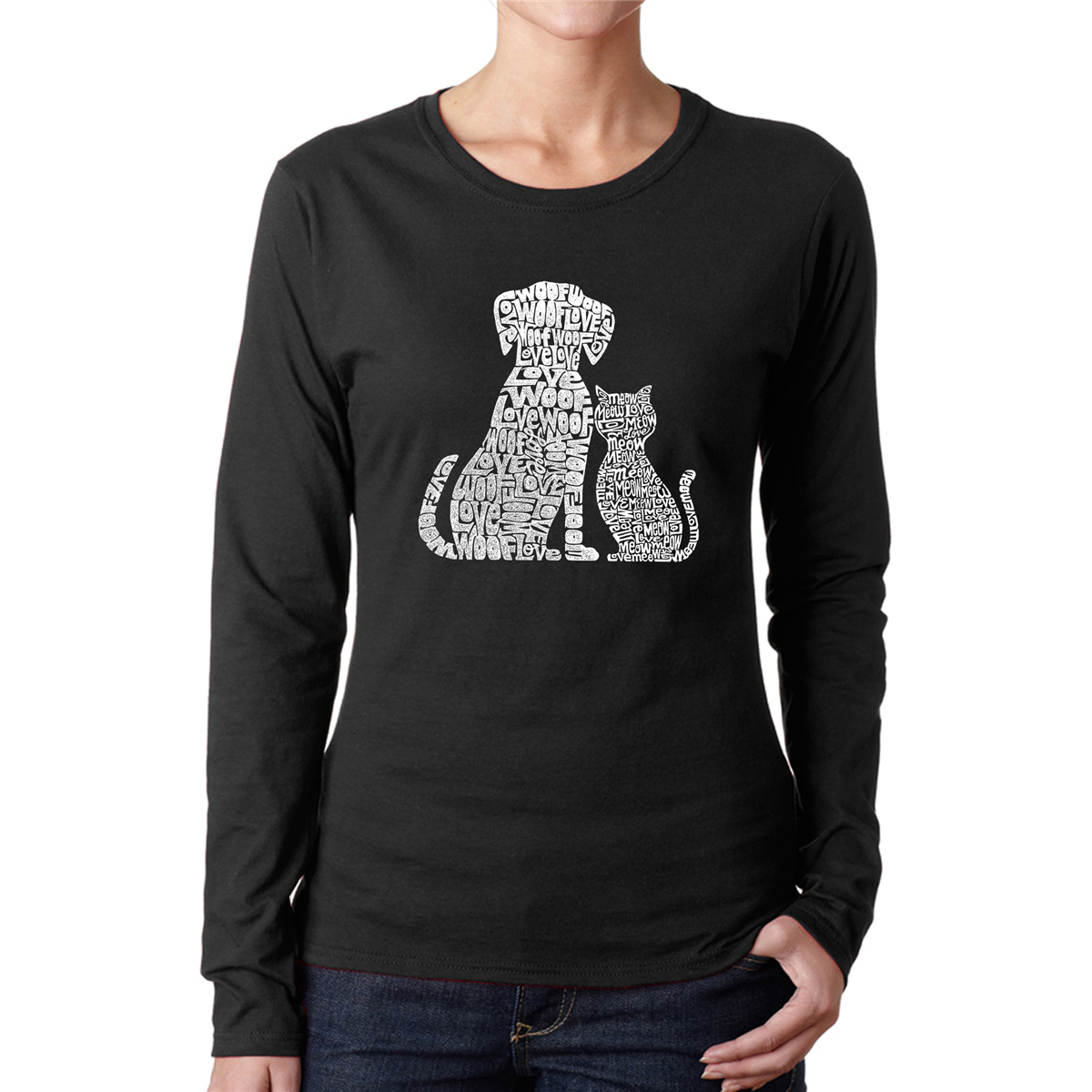 Womens LA Pop Art Dogs and Cats - Word Art Long Sleeve T-Shirt