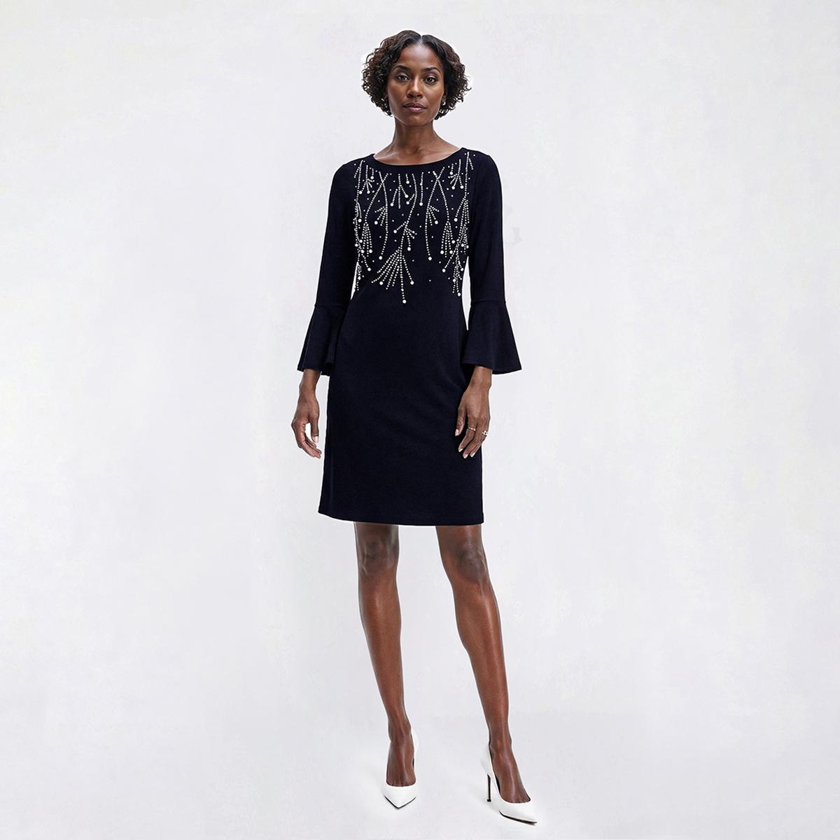 Womens MSK Flounce Sleeve Pearl Beaded Shift Dress